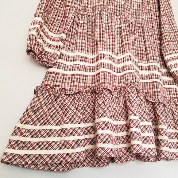 Dear John Plaid Ribbon Trim Tiered Mini Dress S Balloon Sleeves Cottagecore Boho - Picture 10 of 16